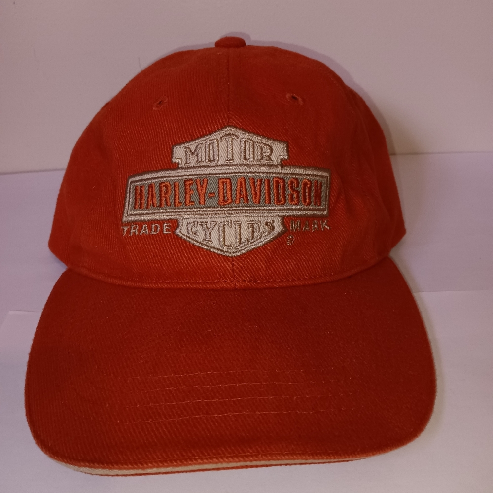 Vintage Orange Harley Davidson Motorcycles Adjustable Leather Strapback Hat Cap